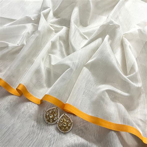 White & Yellow Maheshwari Saree – Roots Handloom