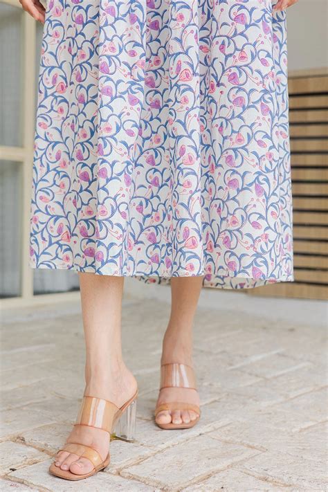 Peach Floral Printed V-Neck Gathered Detailed Cotton A-Line Midi Ethni ...