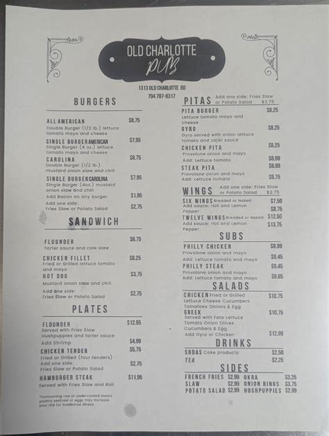 Menu at Old Charlotte Pub, Concord