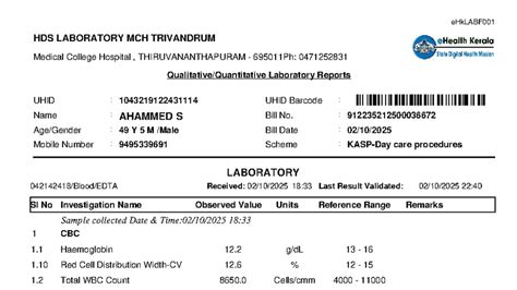 eHkLABF001 Medical College Hospital Lab Report - Thiruvananthapuram ...