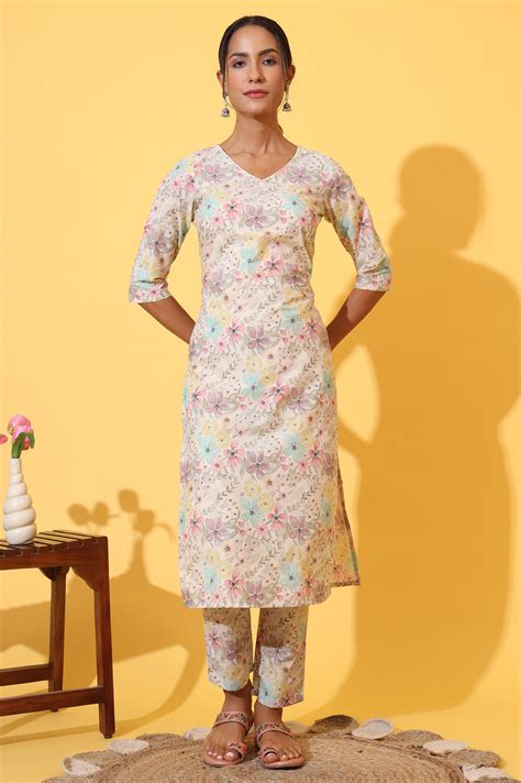 Buy Cream Floral Printed Cotton Shimmer Straight Kurta and Trousers Co ...