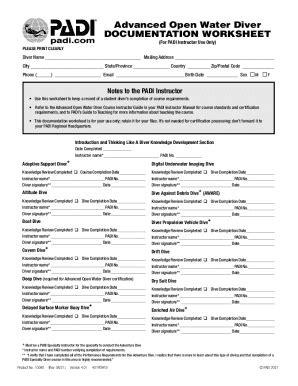 Fillable Online Adventures in Diving Documentation Worksheet ...
