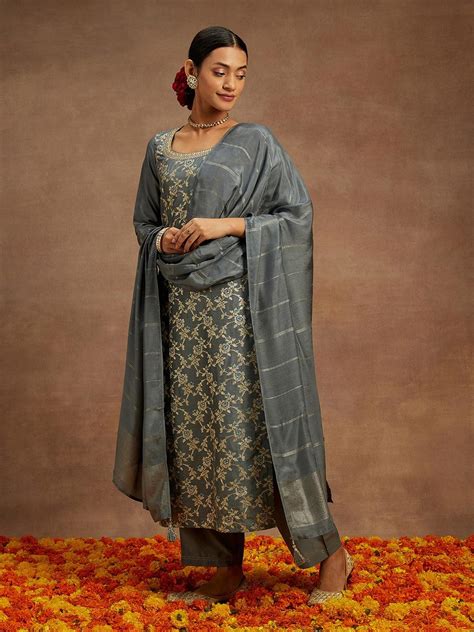 Buy Grey Woven Design Silk Blend Straight Suit With Dupatta Online at ...