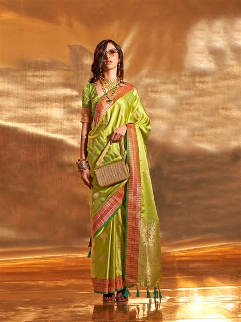 Elora Lime Green Pure Satin Banarasi Weaving Silk Saree: Exquisite ...
