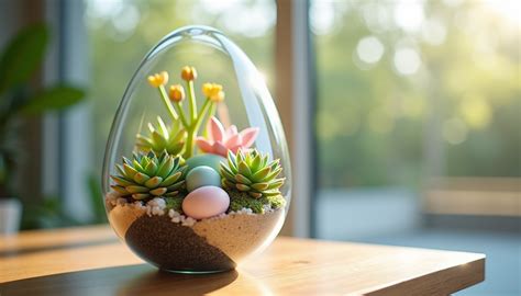 A handmade egg terrarium with succulents and pastel Easter decorations ...