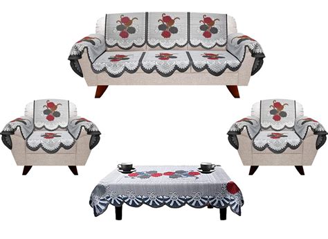 BLUE GRASS Floral Net Fabric 5 Seater Sofa Cover Set with Arms and 1 ...