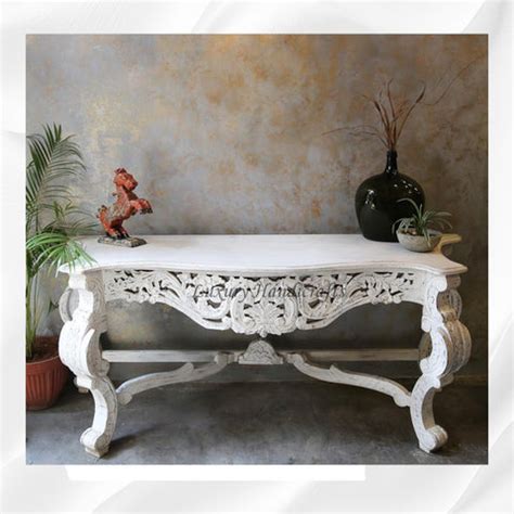 French Style Handcarved Wooden Console White Distress Finish – Luxury ...