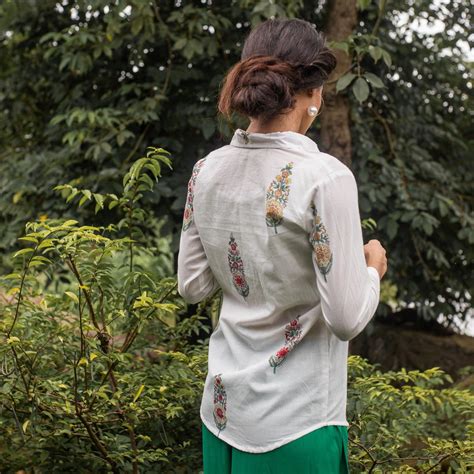 Saanjh Multi Cypress White Cotton Shirt For Women – House of Ekam