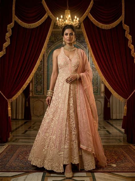 Neerus Pink Floral Thread Embroidered Silk Flared Suit Set - Kurta ...