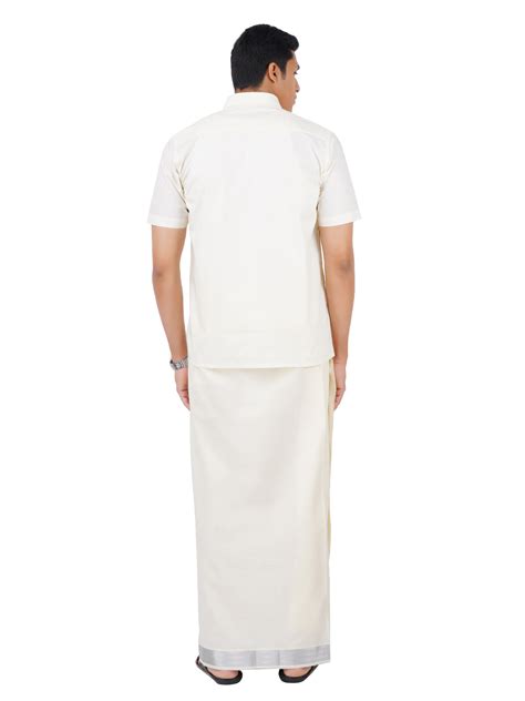 Mens Double Dhoti Cream with Silver Jari Border Silver Cloud Plain-Back ...