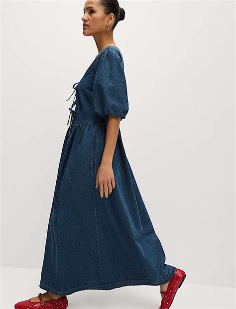 Buy Denim V-Neck Tie Detail Midi Waisted Dress at Marks & Spencer