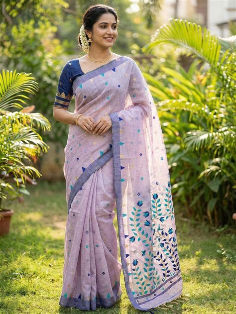Elegant Lavender Cotton Blend Saree with Geometric Woven Design in Jam