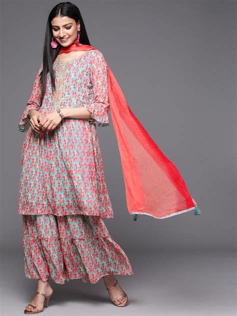 Buy Sea Green Printed Georgette A-Line Kurta With Sharara & Dupatta ...