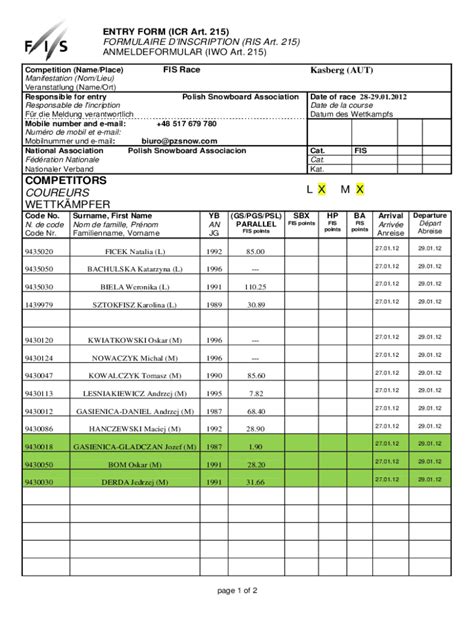 Fillable Online Entry Form- FIS Kasberg - POLAND 2 Fax Email Print ...