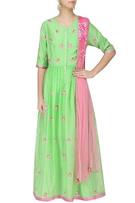 Mint And Pink Floral Embroidered Kalidaar Set – Breathe by Aakanksha