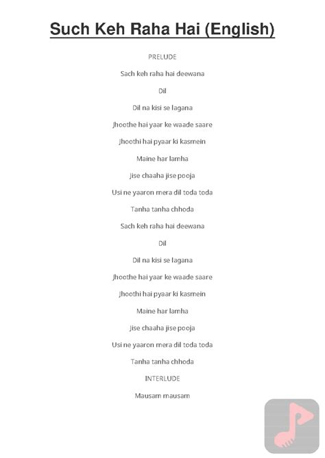 Such Keh Raha Hai (Hindi) - Lyrics and Analysis - Studocu