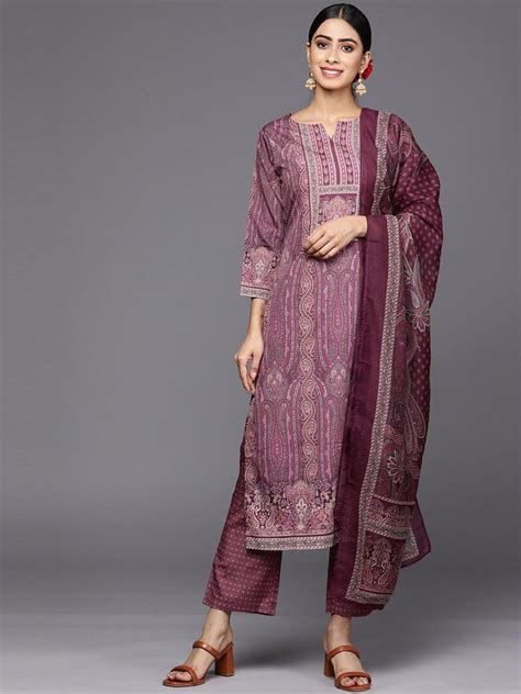 Buy Purple Printed Crepe Straight Kurta With Trousers & Dupatta Online ...
