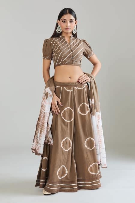 Buy Brown Cotton Lace Mandarin Collar Embroidered Tie-dye Flared ...