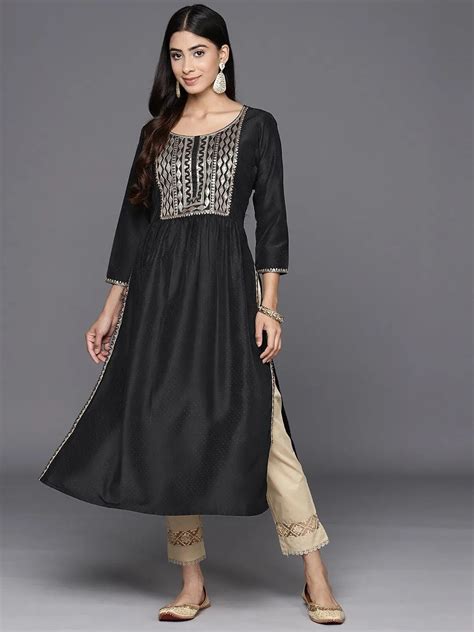 Buy Black Yoke Design Silk A-Line Kurta Online at Rs.643 | Libas