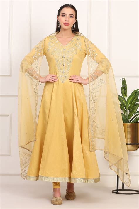 Buy Mustard Solid Dori Embroidered Anarkali Kurta, Leggings and Dupatta ...