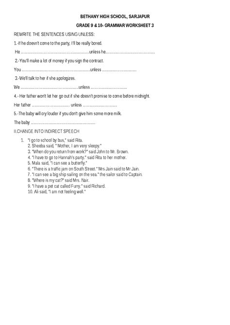 Grade 9 Grammar Worksheet 3: Rewrite Sentences & Indirect Speech - Studocu