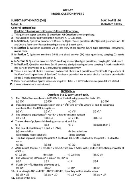 Sample Paper-9: Mathematics (041) Class X - Model Question Paper - Studocu