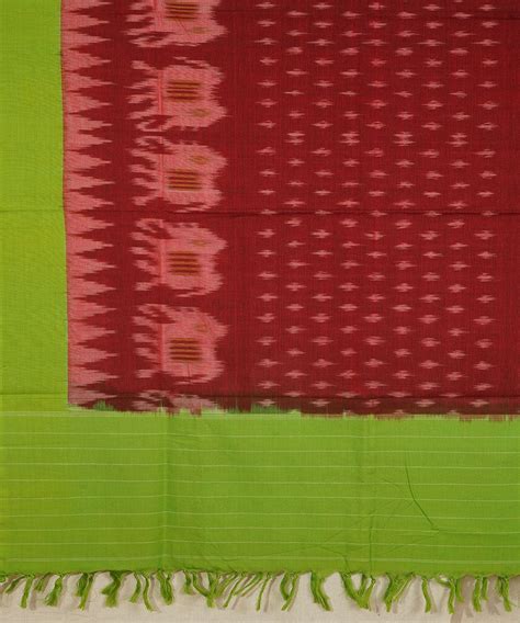 Maroon green handwoven cotton pochampally ikat dupatta – GoSwadeshi