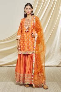 Buy Orange Kurta And Sharara Tussar Silk Embroidery Tilla Round Floral ...