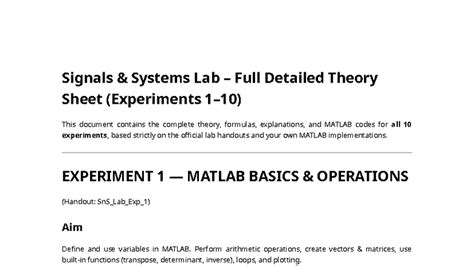 Signals and Systems Lab Full Theory Sheet (Exp 1-10) - Studocu