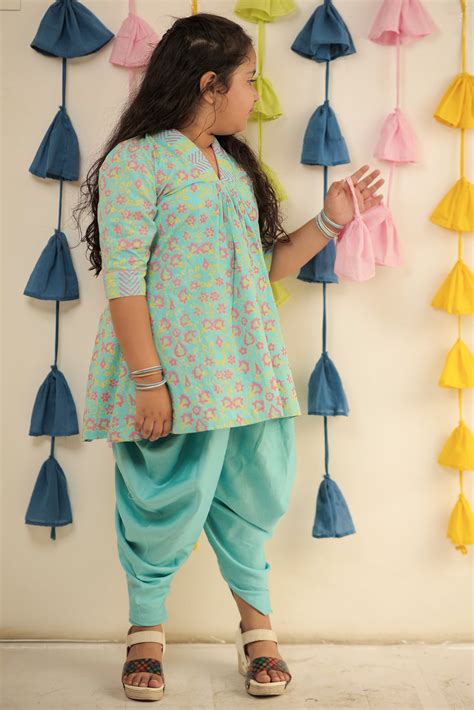 Blue block printed kurta set with dhoti pants. – tinycolour