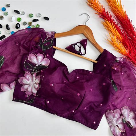 Dark Purple Hand-Painted Organza Silk Blouse with Embroidery