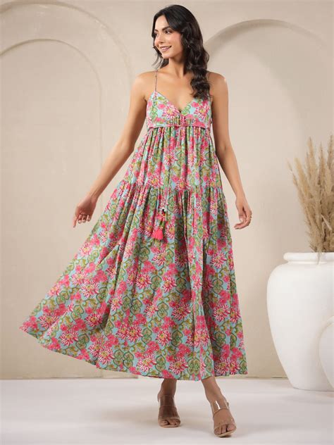 Ice-blue Beach Printed Cotton Dress – Jaipur Morni