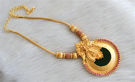 Gold tone ruby stone green round Lakshmi Kerala style kodi necklace dj ...