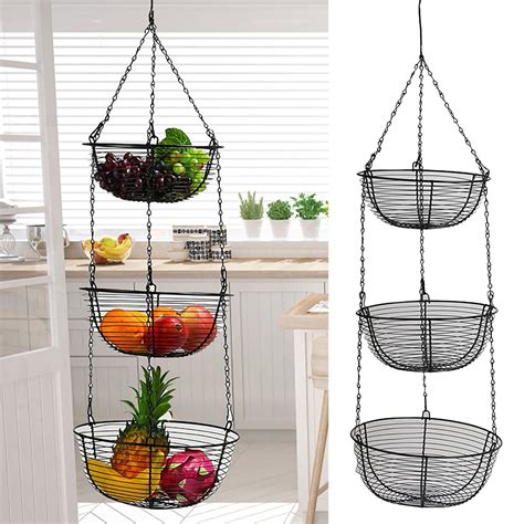 3-Tier Hanging Fruit Basket for Kitchen,Rustic Wire Organizer with ...