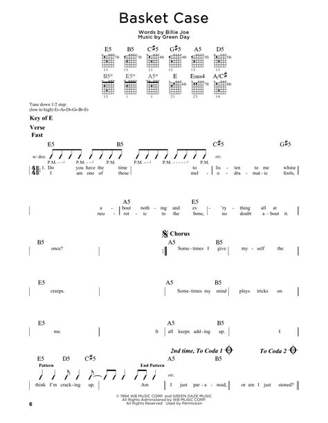 Basket Case by Green Day Sheet Music for Guitar Cheat Sheet at Sheet ...