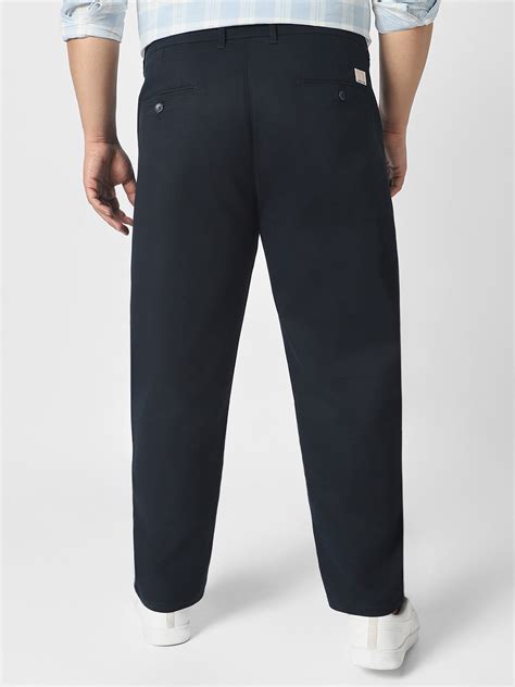 Plus Men's Navy Blue Cotton Regular Fit Casual Chinos Trousers Stretch ...