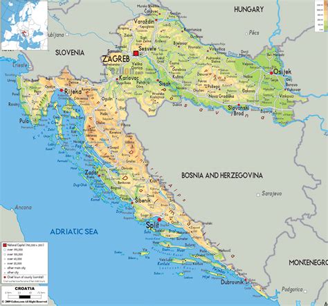 Large physical map of Croatia with roads, cities and airports | Croatia | Europe | Mapsland ...