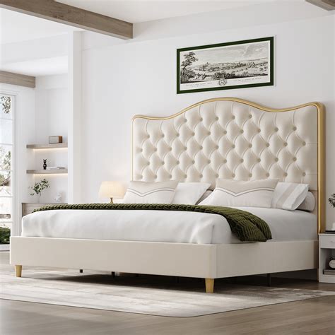Amerlife King Size Bed Frame, Velvet Upholstered Platform Bed with ...