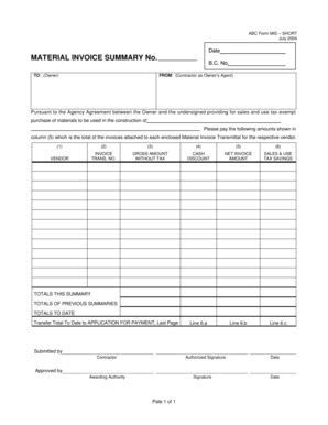 Fillable Online bc alabama MATERIAL INVOICE SUMMARY No. - bc alabama ...