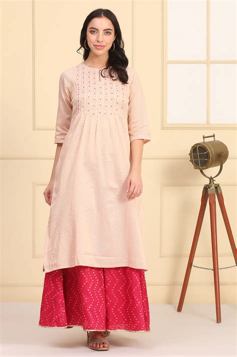 Buy Pink Bead Embellished Chanderi Lurex Straight Kurta Online for ...