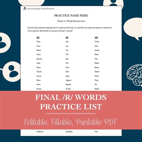 Final /R/ Words Practice Worksheet for Speech Therapy editable ...