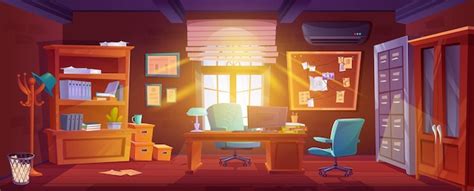 Chaotisch detective kantoor interieur Vector cartoon illustratie van ...