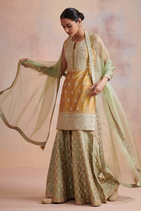 Buy Yellow Organza Embroidered Zari Work Round Notched Mirror Kurta ...