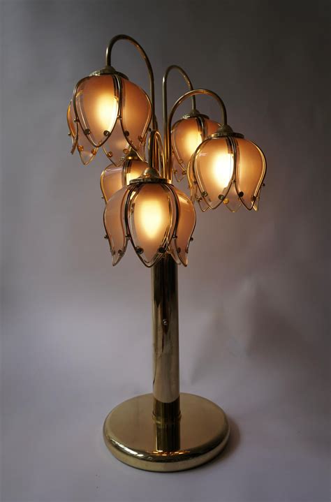 Hollywood Regency Glass and Brass 5 Arm Tulip Lotus Lamp 1970s For Sale ...