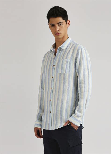 Aqua Stripes Pure Linen Summer Long Sleeve Shirt | Pepe Jeans India