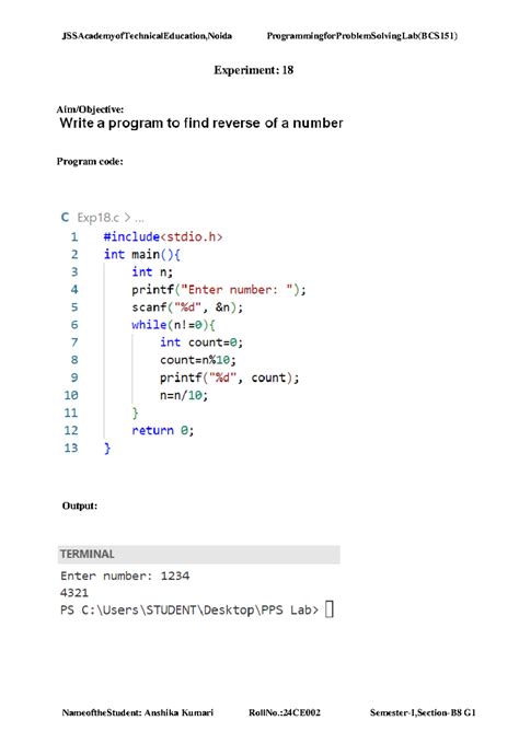 PPS UNIT 3 OPERATORS - btech - Experiment: 18 Aim/Objective: Program ...