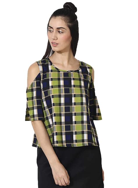 Buy Akimia Green Check Top Crepe Round Neck Cold Shoulder Small at ...