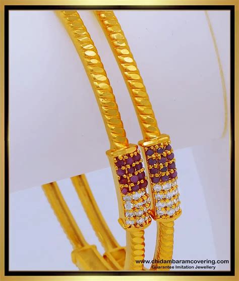 Buy Beautiful Simple Look One Gram Gold White and Ruby Stone Bangles ...
