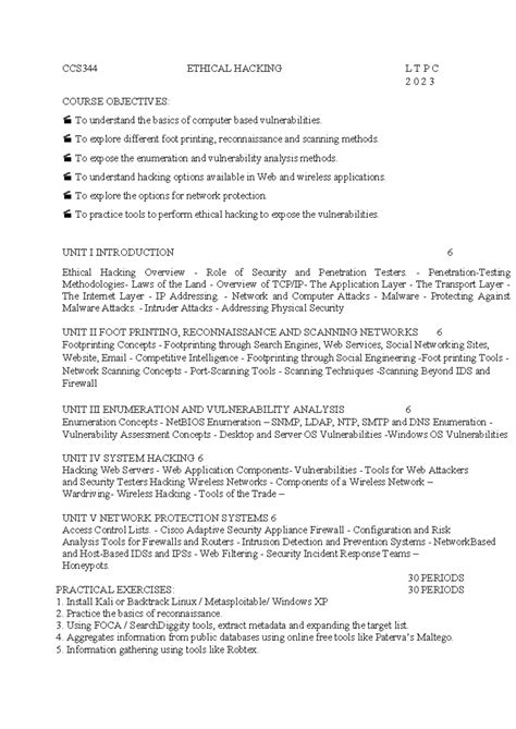 CCS344- Ethical Hacking - CCS344 ETHICAL HACKING L T P C 2 0 2 3 COURSE ...