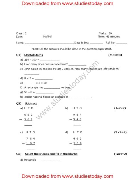 Image result for Class 2 Maths Question Paper